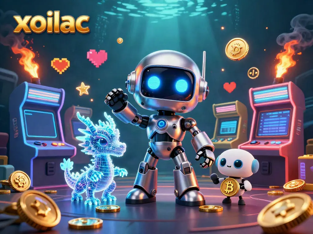 Xoilac brings excitement with a neon robot, AI dragon, and drone in a vibrant casino-themed digital scene.
