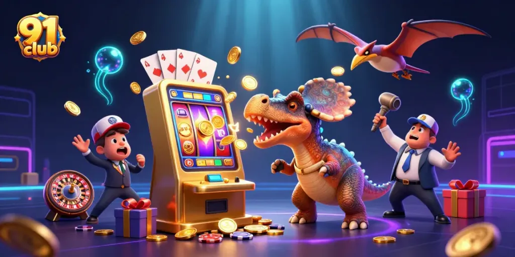 Spin the reels and win with 91 club in a vibrant casino scene featuring jackpot elements.