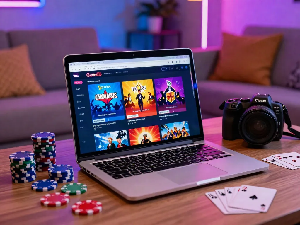 Exciting scene of new casinos not on GamStop displayed on a laptop in a stylish living room.