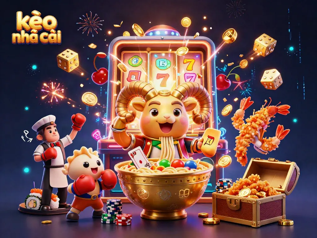 Experience kèo nhà cái action with a vibrant scene of animated casino characters and jackpot elements.