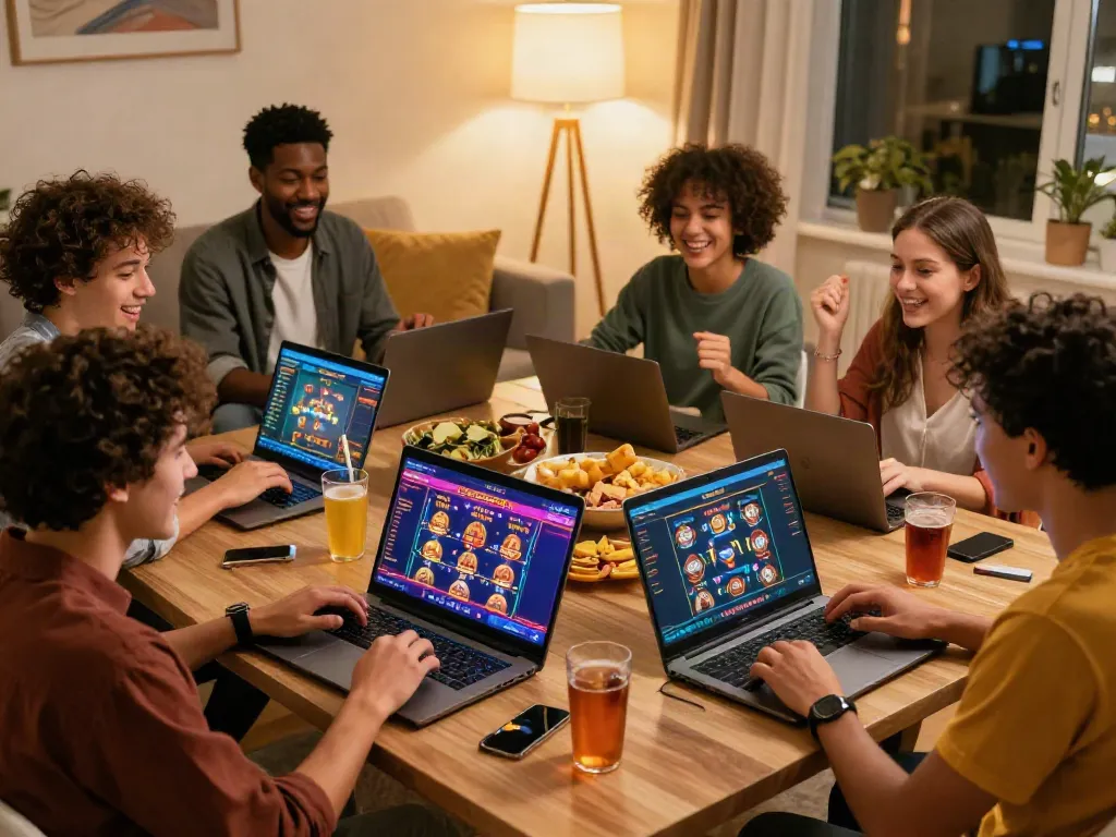 Thrilled friends playing games with joyful expressions at home, showcasing new casinos not on gamstop.