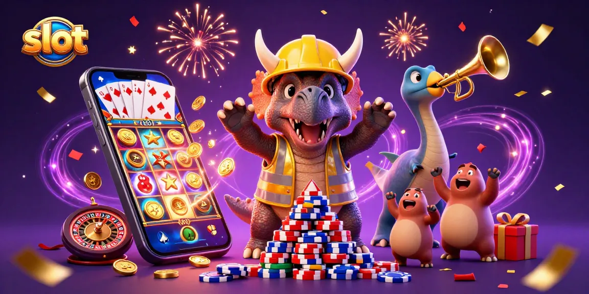 Spin the reels of fun in a vibrant slot game scene featuring a triceratops and celebratory elements.