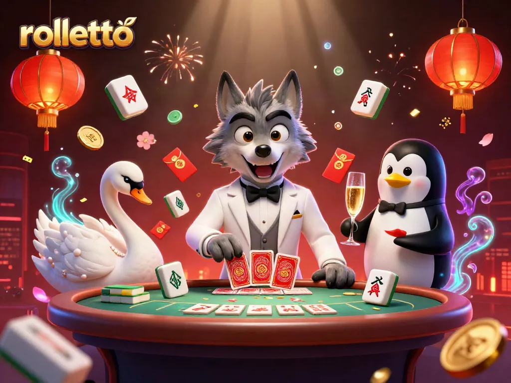 Engage with rolletto through a vibrant casino scene featuring a stylish wolf, swan dealer, and penguin sommelier.