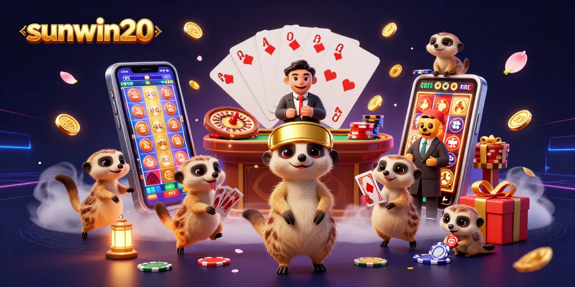 Watch sunwin20 meerkats expertly manage a vibrant casino scene with captivating slots and cards.