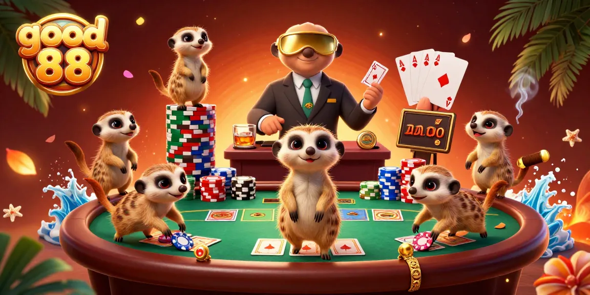 Experience good 88 excitement with playful meerkats engaging in dynamic casino action at a vibrant poker table.
