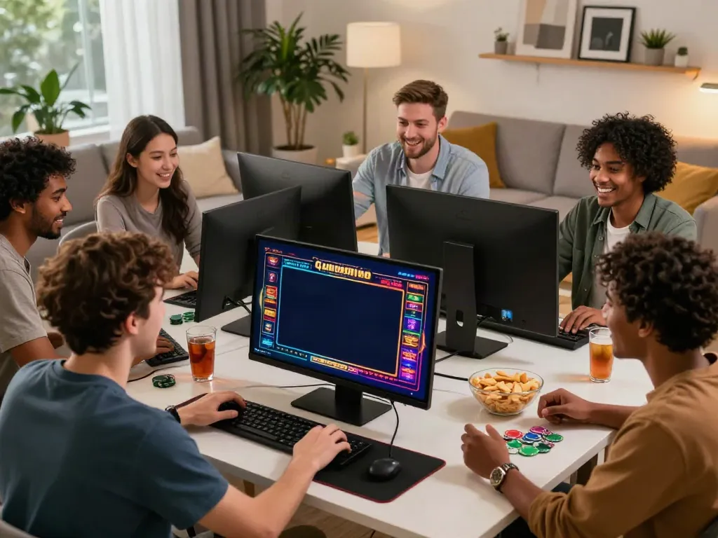 Friends enjoying gaming at new casinos not on Gamstop in a cozy living room.