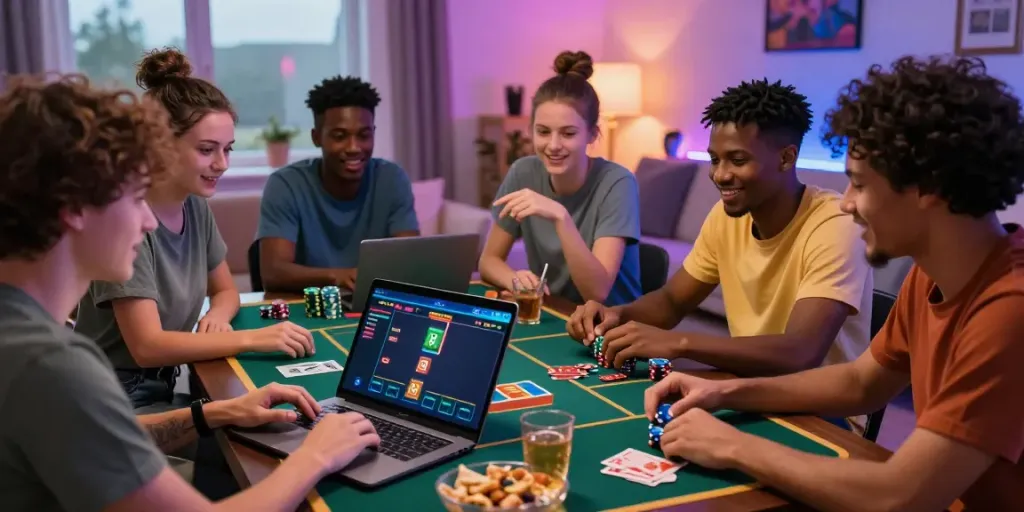 Group enjoying online gaming experience focused on new casinos not on gamstop with snacks and ambient light.