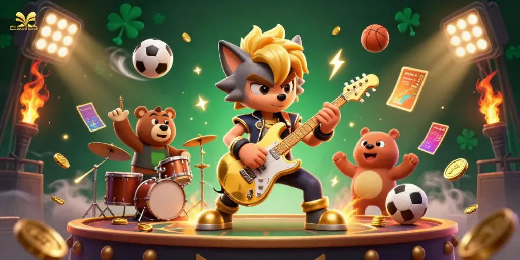 Experience exhilarating moments with sumseltoto, featuring a rock star wolf and dynamic gambling elements.