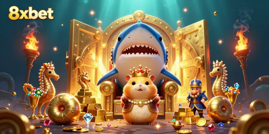 Experience the thrill of 8xbet with a dynamic underwater casino scene featuring imaginative characters and treasure.