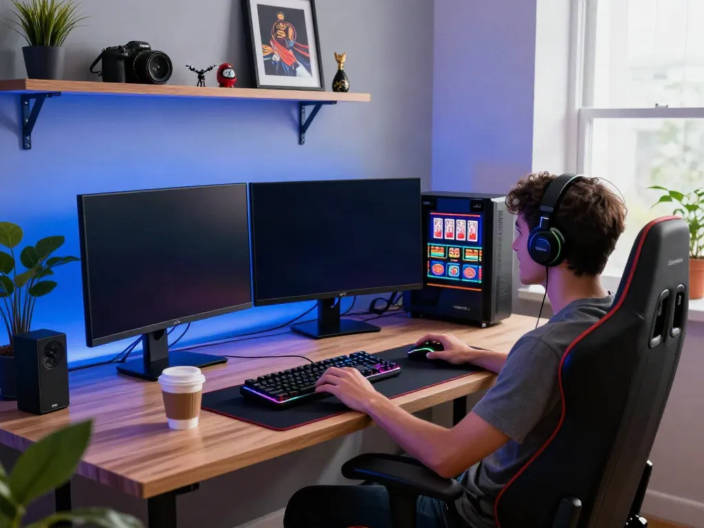 Online gaming setup showcasing new casinos not on gamstop activities in a vibrant home office.