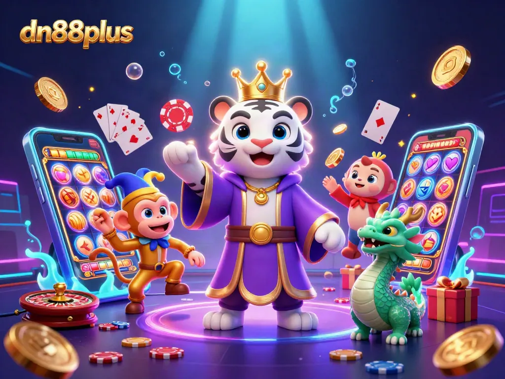 Experience thrilling gameplay with dn88plus as a white tiger, monkey, and dragon celebrate winning in a lively casino.