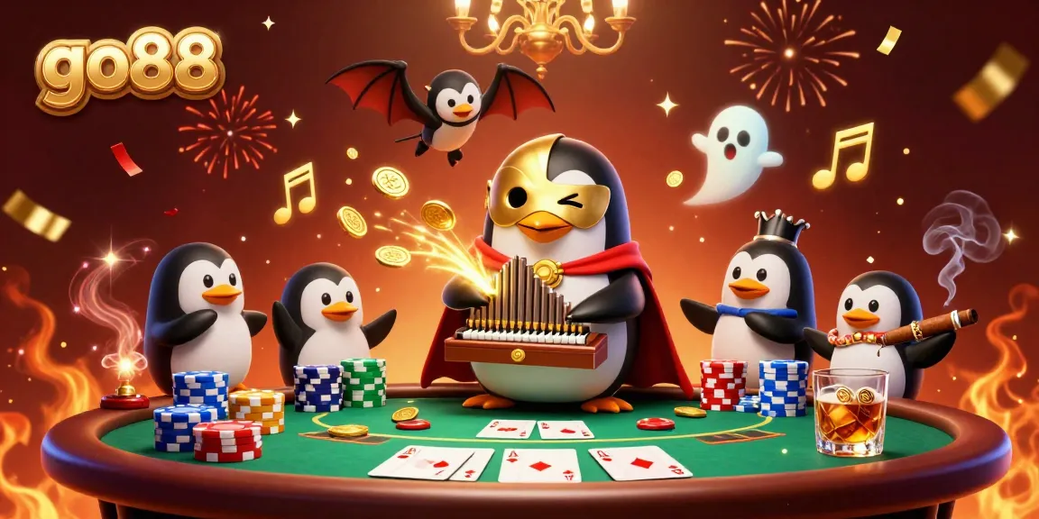 Experience go88 excitement with a playful phantom penguin and golden coins in a dazzling casino scene.