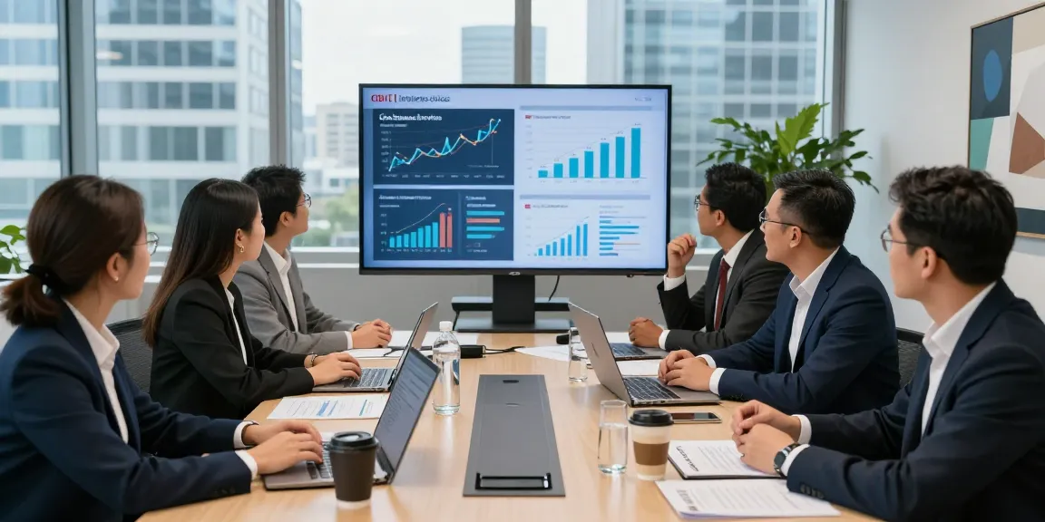 Réunion de professionnels d'affaires discutant des services CIBC business dans un bureau moderne.