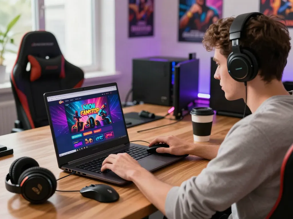 Engaged player exploring new casinos not on gamstop on a laptop with vibrant digital interface.