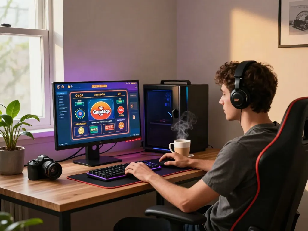 Player enjoying gaming experience at new casinos not on GamStop with cozy setup and vibrant decor.