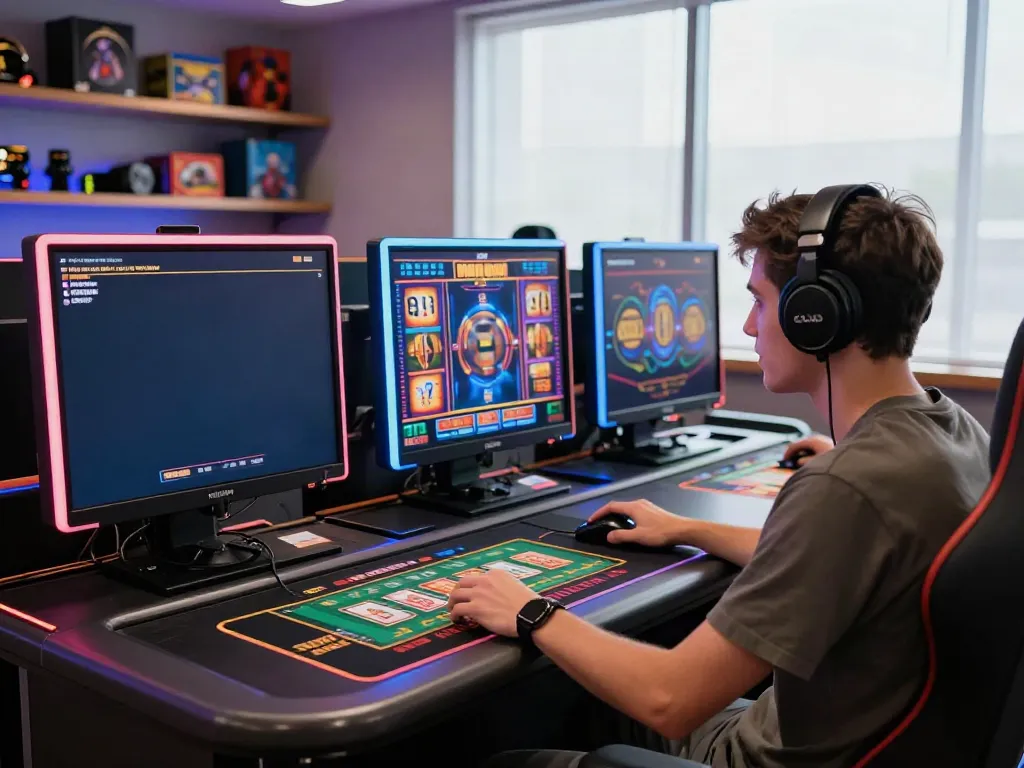 Engaged player at dynamic online casino gaming setup exploring new casinos not on gamstop.