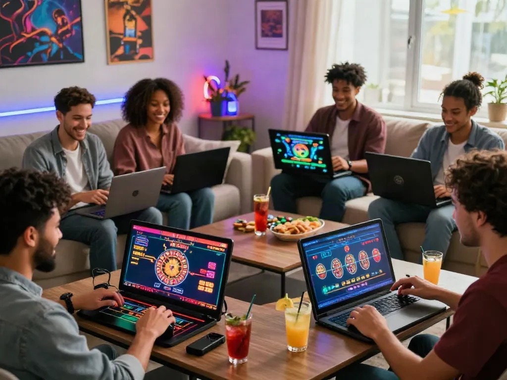 Exciting atmosphere of players enjoying games from new casinos not on GamStop in a cozy living room.