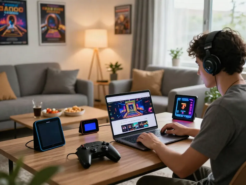 Engaged gamer exploring new casinos not on Gamstop in a cozy living room with colorful devices.