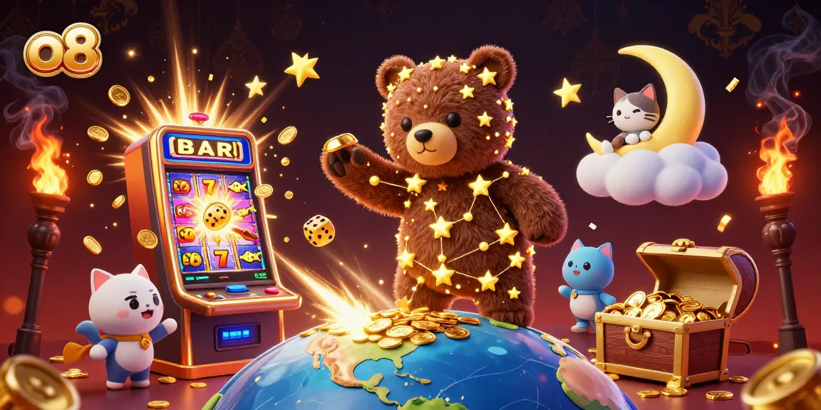 Exciting o8 casino scene featuring a constellation bear collecting coins from a slot machine.