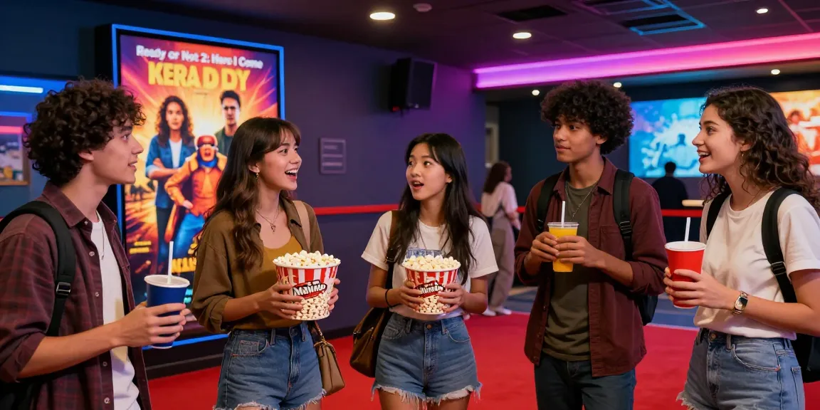Friends discussing latest Movie4u releases in a vibrant cinema lobby