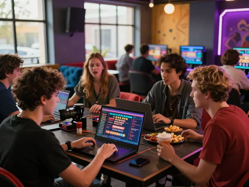 Group of friends exploring new casinos not on GamStop in a lively gaming lounge.
