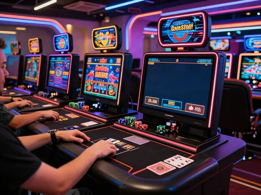 Engaging scene of new casinos not on GamStop with players gaming on stylish setup.