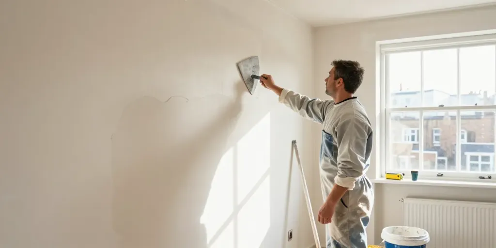 Plastering Service London: Professional plasterer applying smooth plaster in a bright residential home.
