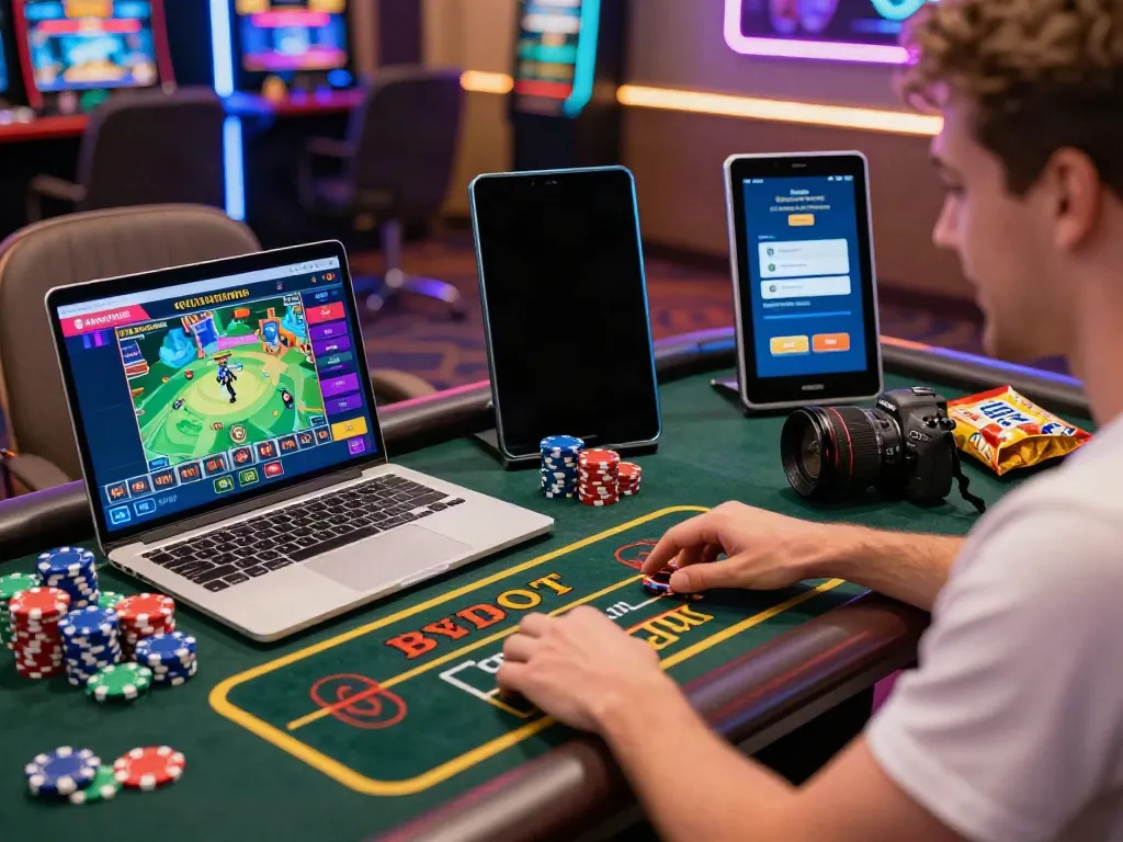 Exciting gaming setup featuring player at new casinos not on gamstop with laptop, chips, and vibrant lights.