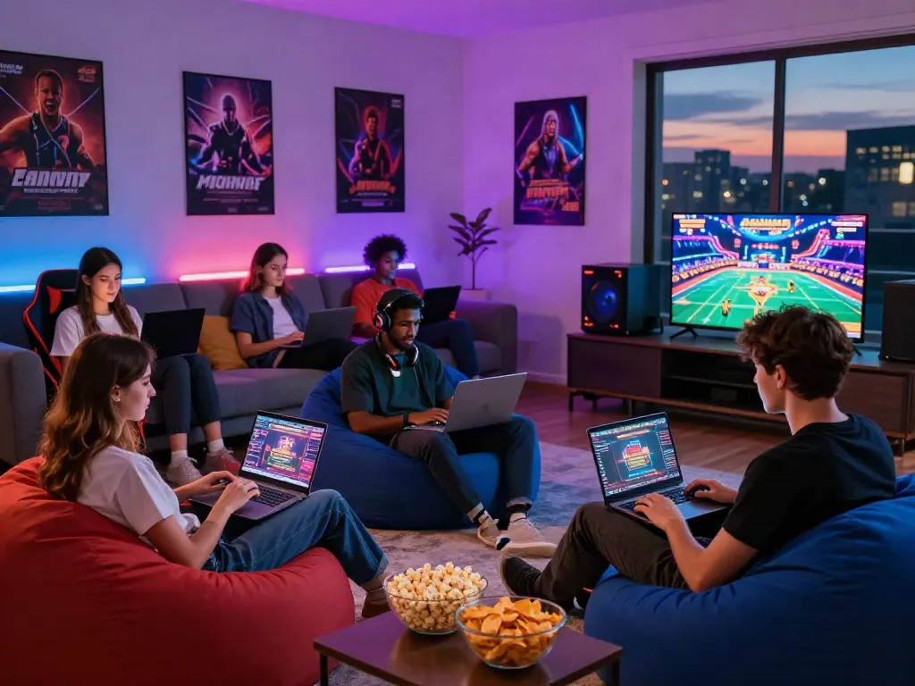 Friends enjoying gaming at home, exploring new casinos not on GamStop.