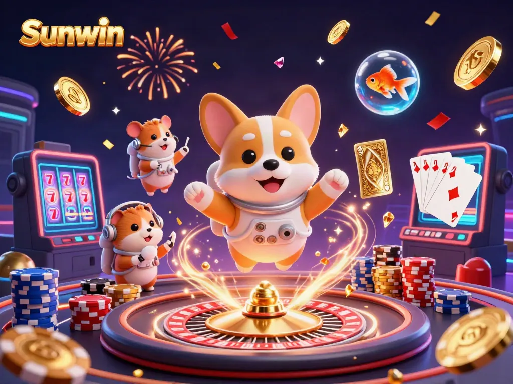 Sunwin creates excitement in a vibrant casino scene with a cartoon astronaut corgi and a hamster in zero gravity.