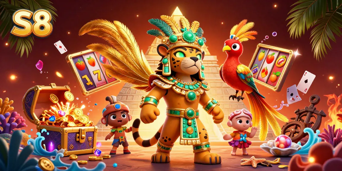 S8 interactive gaming scene with colorful slot reels, Mayan priest, and treasure burst amidst a vibrant background