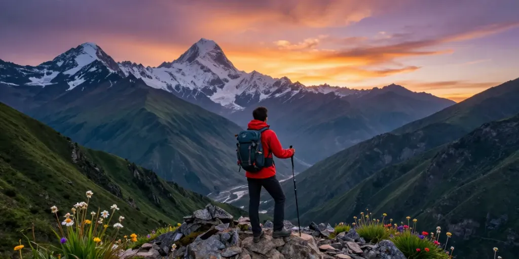Un viajero en el Manaslu Circuit disfrutando de vistas espectaculares de montañas y valles durante el atardecer.