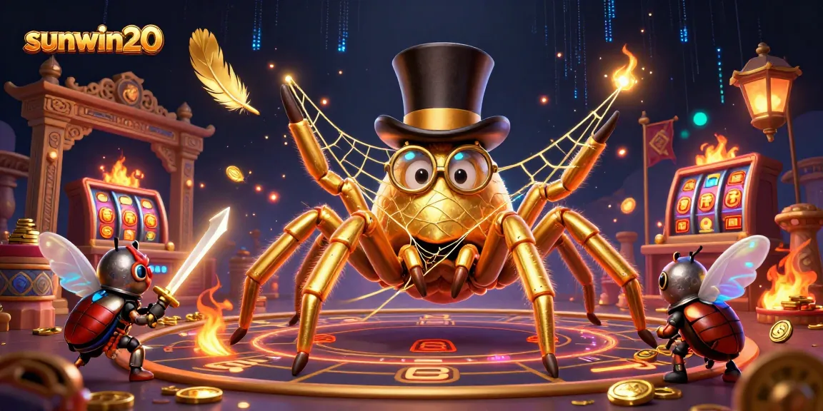 Witness the daring scene with sunwin20, a giant tarantula and beetle knight battling amidst vibrant casino elements.
