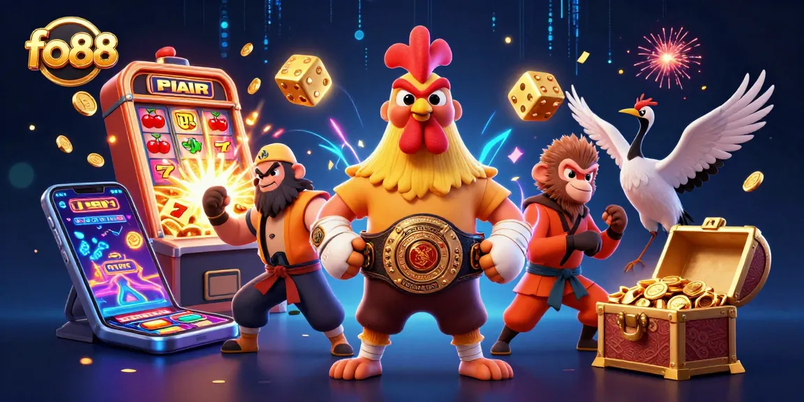 Experience thrilling jackpots at fo88 with a dynamic casino illustration featuring a rooster and monkey.