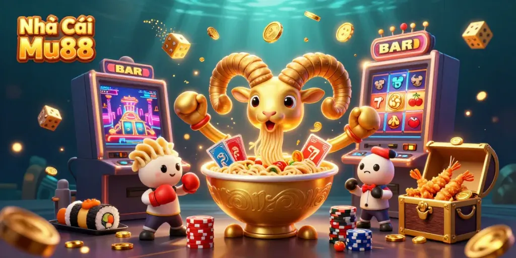 Engaging casino scene featuring Nhà Cái Mu88 elements, showcasing vibrant characters and dynamic gaming action.