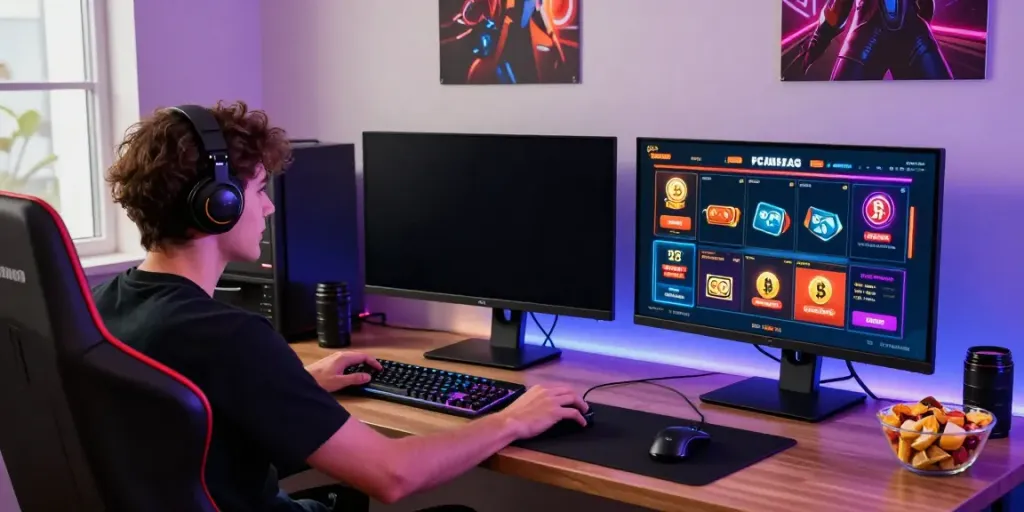 Engaged gamer exploring new casinos not on GamStop with vibrant graphics on dual monitors