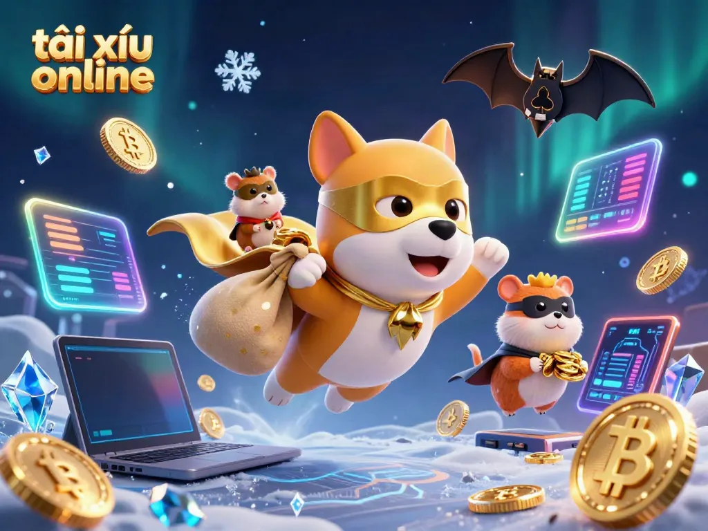 Action-packed illustration of a superhero dog and hamster in a casino world, showcasing tài xỉu online elements.