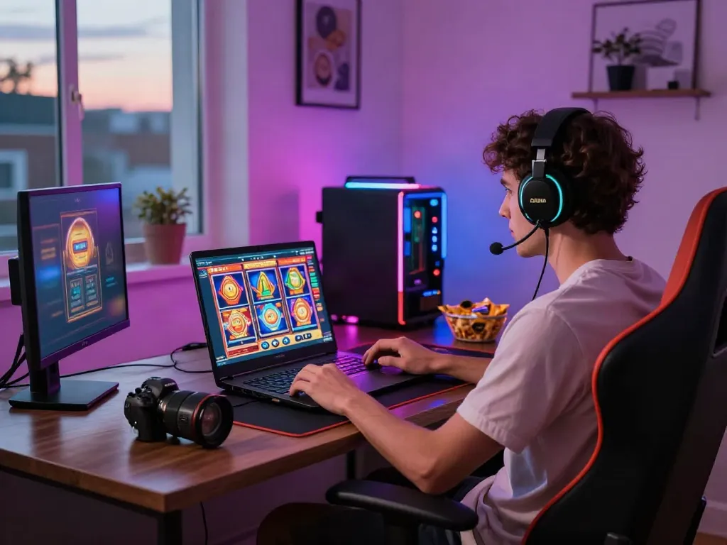Exciting gaming setup showcasing new casinos not on GamStop with vibrant slot graphics and LED lights.
