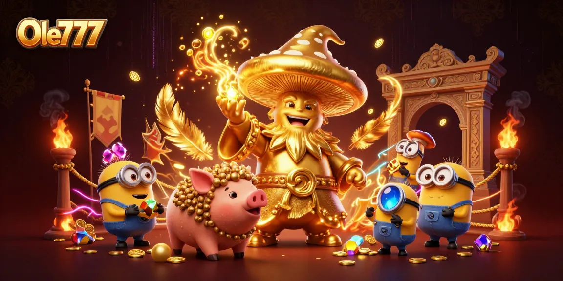 Ole777 brings fortune alive with a 3D mushroom wizard and truffle pig in a vibrant casino setting.