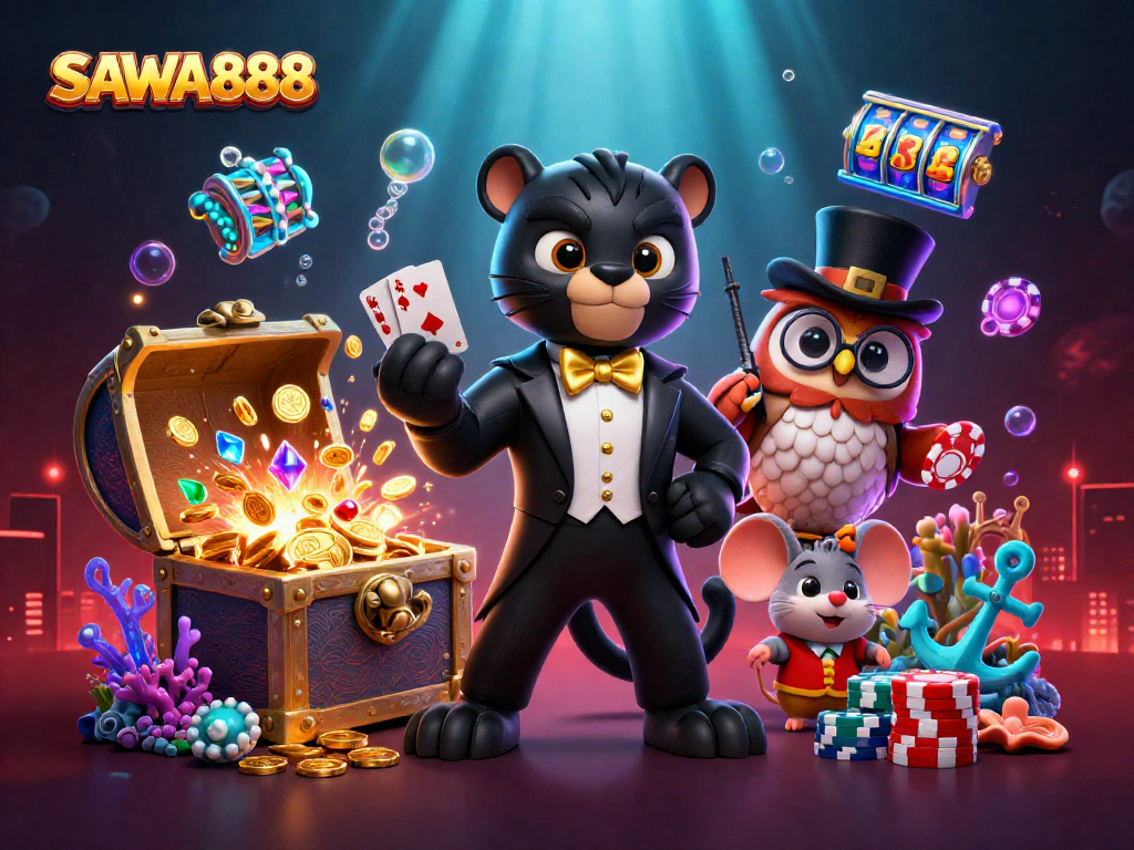 Experience the excitement of SAWA888 with a playful 3D scene showcasing vibrant casino characters amid treasure and winning elements.