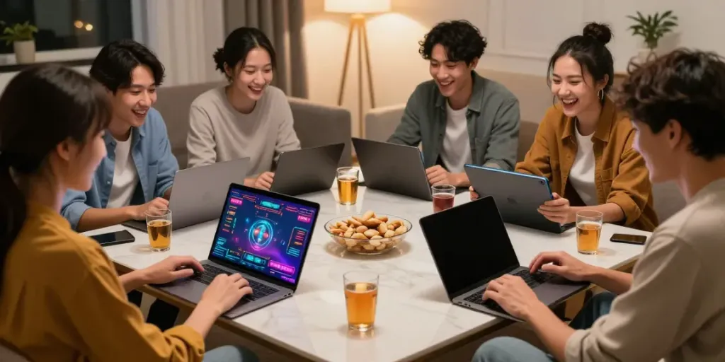 Friends enjoying new casinos not on GamStop while gaming together in a cozy living room.