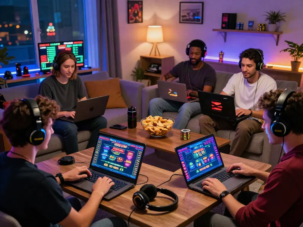 Group enjoying online gaming at home featuring new casinos not on gamstop, vibrant atmosphere with laptops and snacks.