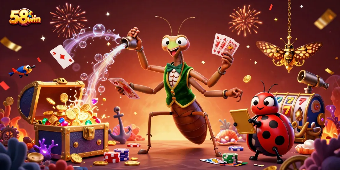 Engage with 58win's dynamic casino scene showcasing a giant mantis and ladybug in vibrant gameplay.