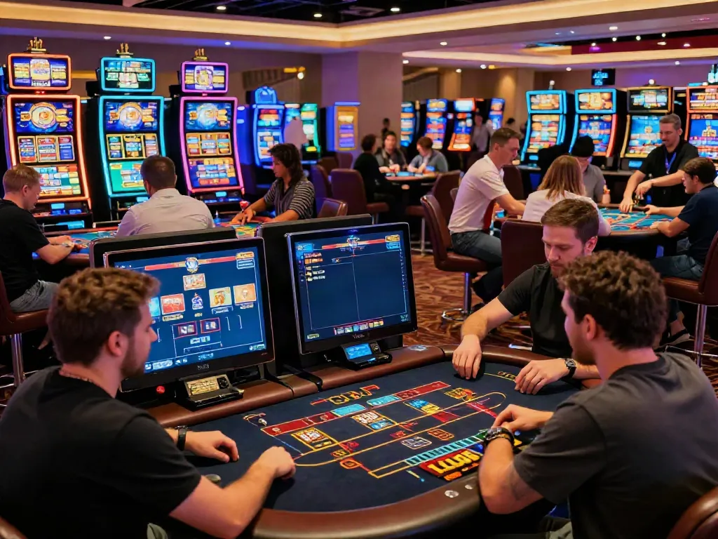 Exciting scene of players at new casinos not on gamstop, enjoying vibrant table games and slots.
