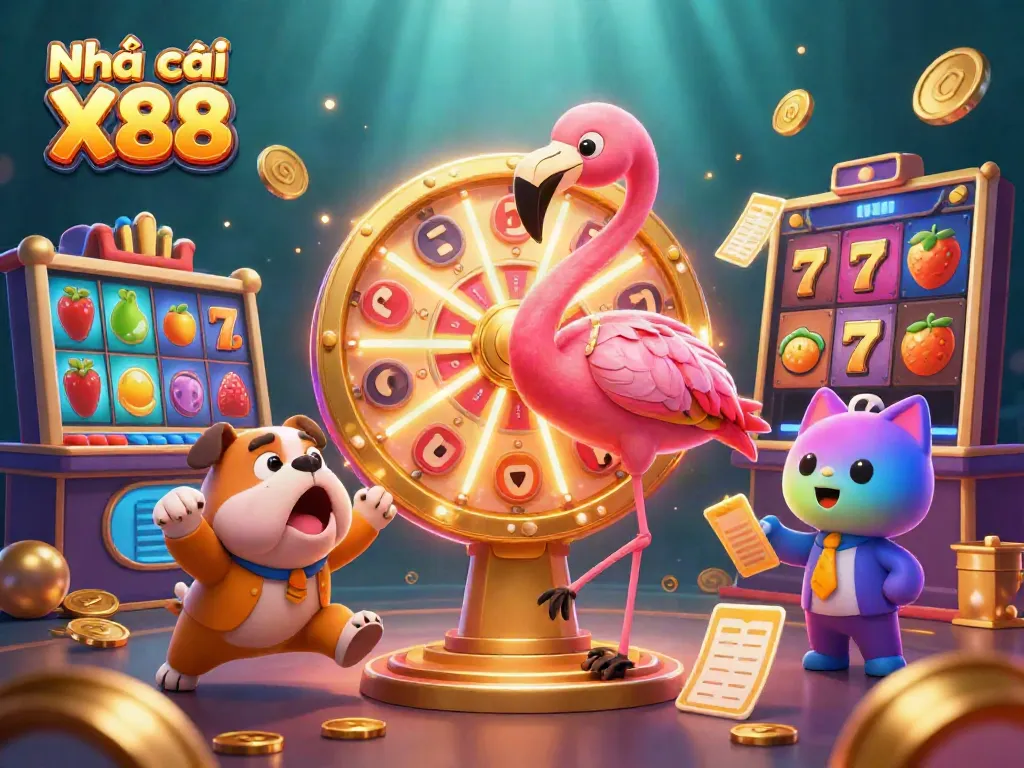 Participate in thrilling gaming at Nhà cái X88 with vibrant 3D characters and casino elements.
