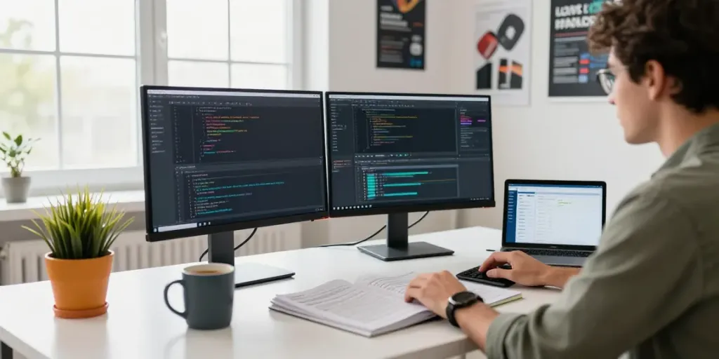 SaaS sponsored content development workspace with a developer coding on dual monitors.