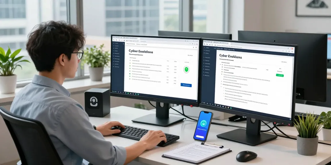 Cyber Essentials managed service displayed on dual monitors in a modern office.