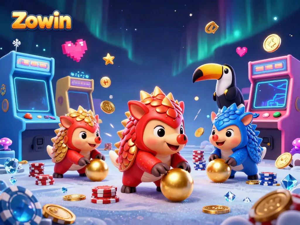 Zowin pangolins competing in a casino scene with poker chips and arcade elements.