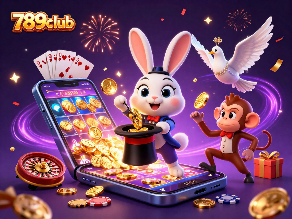 Engage with the excitement of 789club as a magician rabbit conjures coins and poker chips.