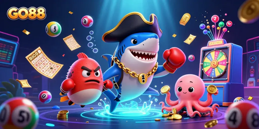Catch exciting wins with GO88 featuring a pirate shark, pufferfish, and gold coin octopus in a vibrant casino scene!